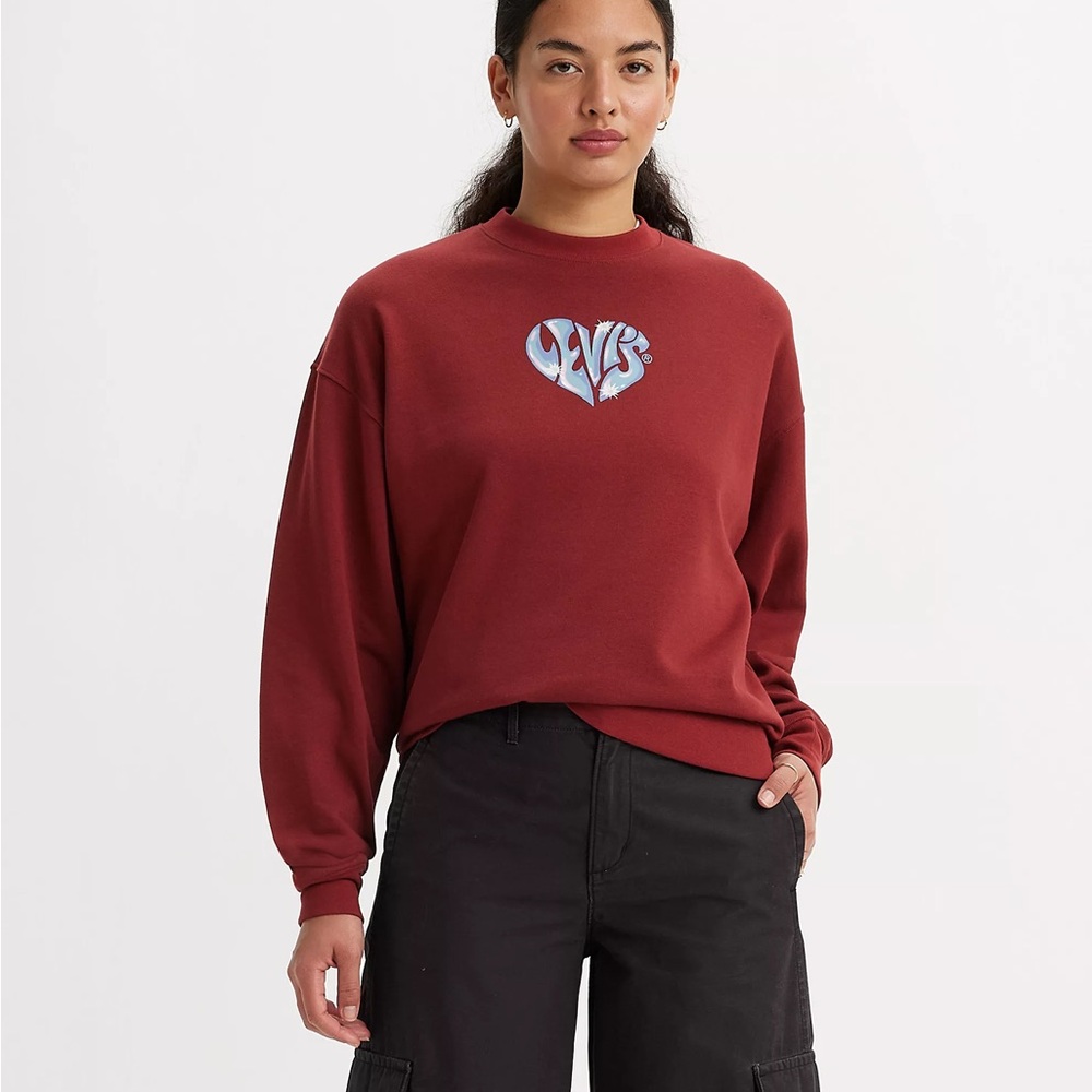 Levi's Heart Sparkle Taped Crewneck Sweatshirt Baggy Oversized Red Super Soft